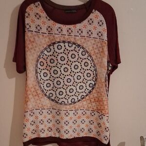 Zara Burgundy and Orange Patterned Short Sleeve Top